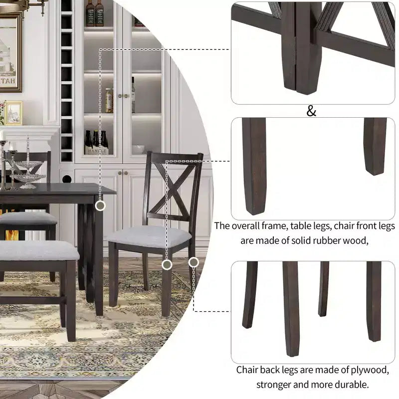 Ensemble de table à manger en bois 6 pièces, table pliante avec 4 chaises rembourrées et banc-ModernLuxe