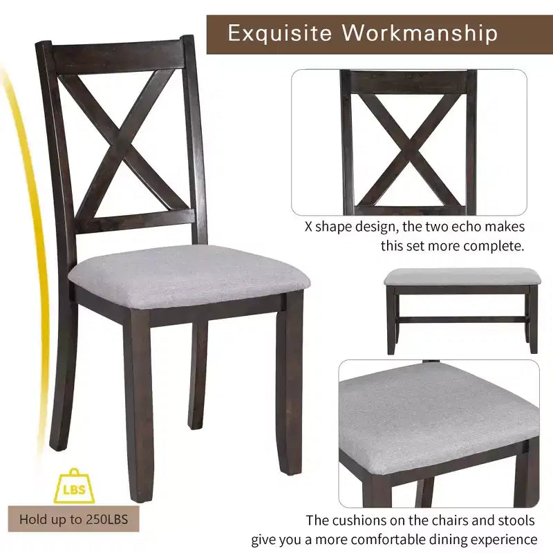 Ensemble de table à manger en bois 6 pièces, table pliante avec 4 chaises rembourrées et banc-ModernLuxe