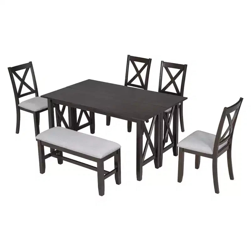 Ensemble de table à manger en bois 6 pièces, table pliante avec 4 chaises rembourrées et banc-ModernLuxe
