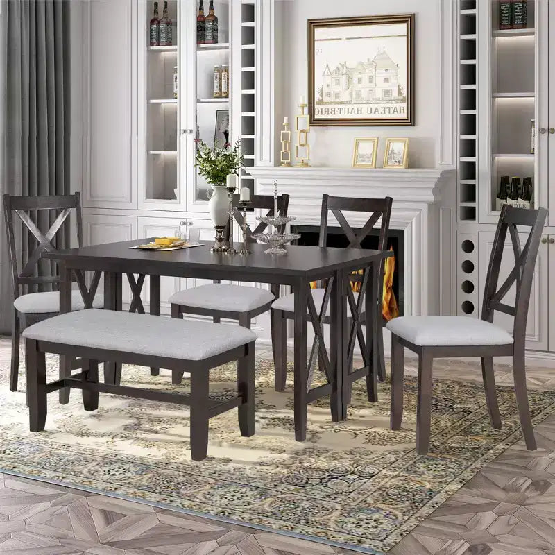6 PSC Wood Dining Table Set, Foldable Table with 4 Upholstered Chairs and Bench-ModernLuxe