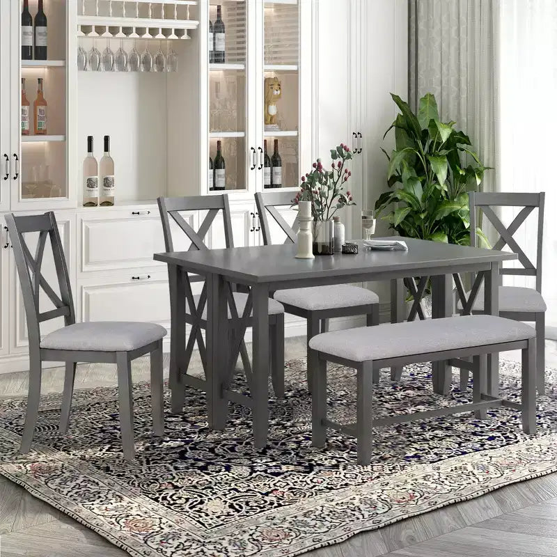 Ensemble de table à manger en bois 6 pièces, table pliante avec 4 chaises rembourrées et banc-ModernLuxe