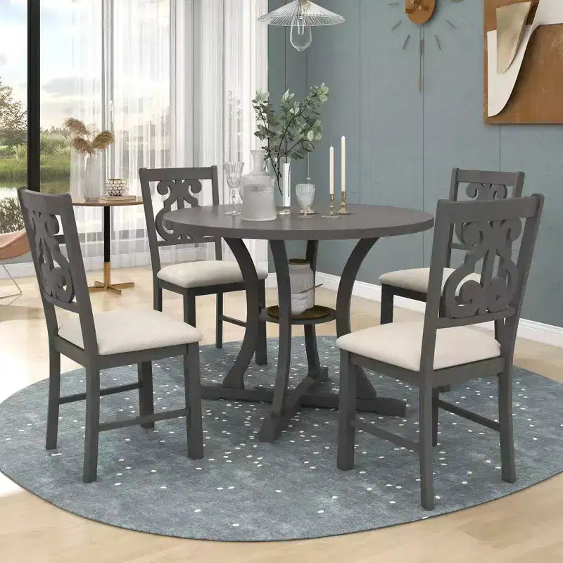 Ensemble de salle à manger rond 5 pièces avec pieds de forme spéciale et dossier de chaise ajouré au design exquis 4A - ModernLuxe