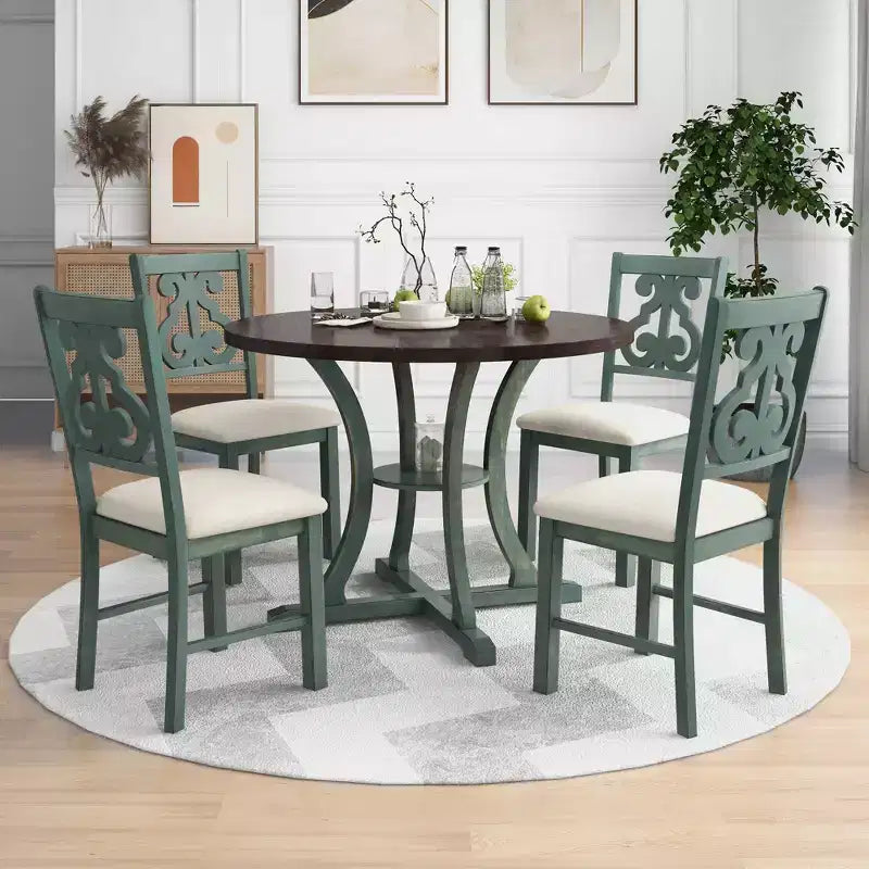 5pc Round Dining Table Set with Special-shaped Legs and Exquisitely Designed Hollow Chair Back 4A -ModernLuxe