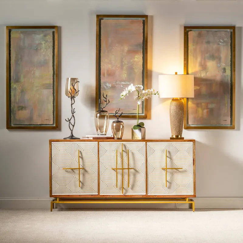 Allura White & Natural Mango Wood 3 Door Sideboard w Gold Hardware - 69W x 16D x 34H