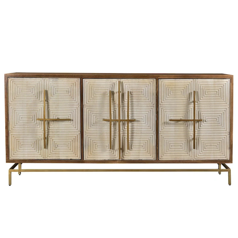 Three-door sideboard, white and natural mango wood color, with gold hardware - 69cm wide x 16cm deep x 34cm high