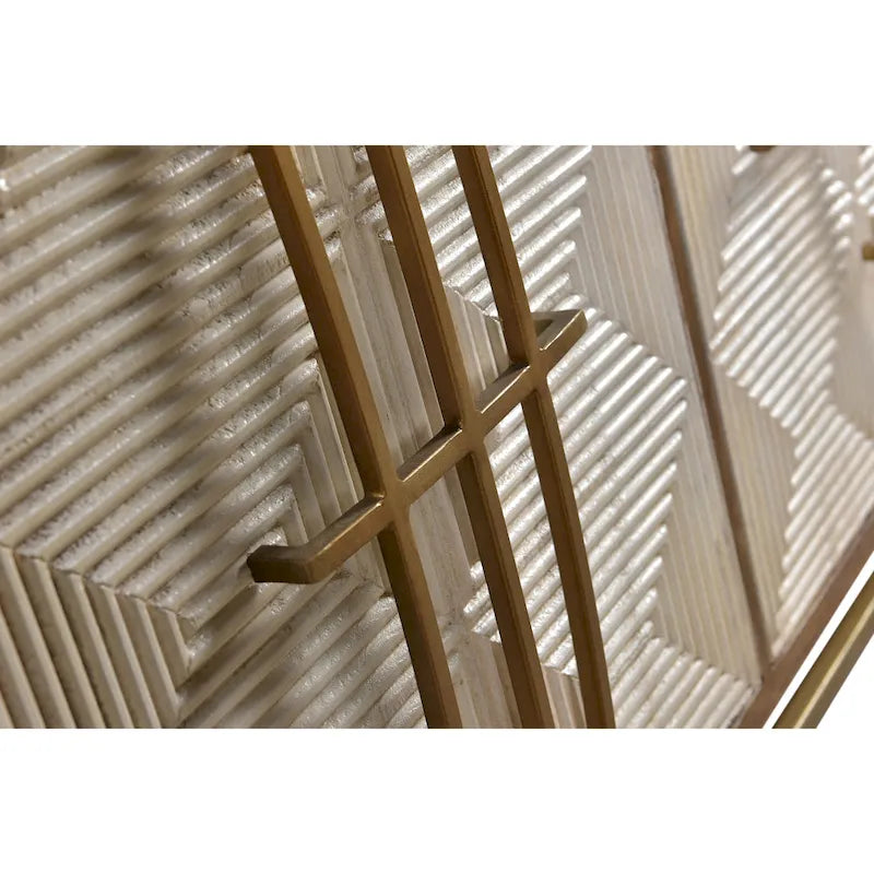 Three-door sideboard, white and natural mango wood color, with gold hardware - 69cm wide x 16cm deep x 34cm high