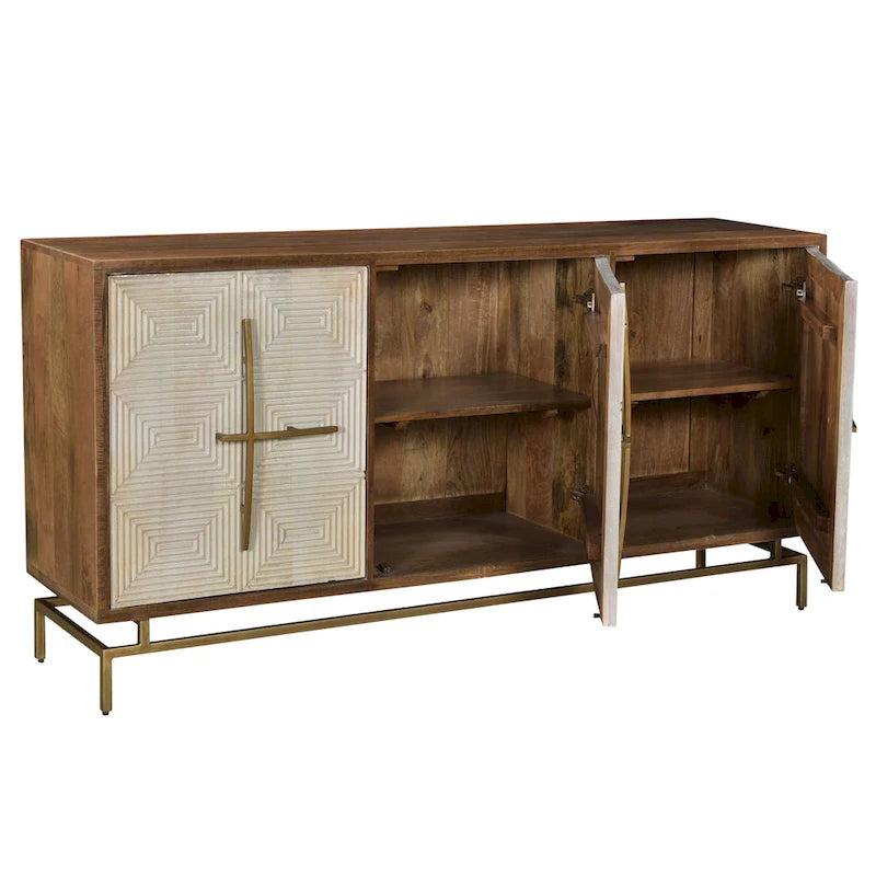 Three-door sideboard, white and natural mango wood color, with gold hardware - 69cm wide x 16cm deep x 34cm high