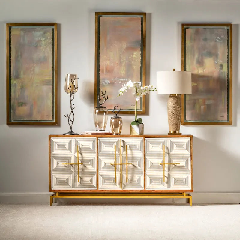 Three-door sideboard, white and natural mango wood color, with gold hardware - 69cm wide x 16cm deep x 34cm high