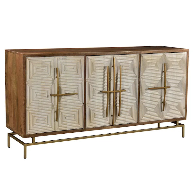 Three-door sideboard, white and natural mango wood color, with gold hardware - 69cm wide x 16cm deep x 34cm high