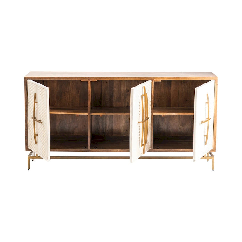 Three-door sideboard, white and natural mango wood color, with gold hardware - 69cm wide x 16cm deep x 34cm high