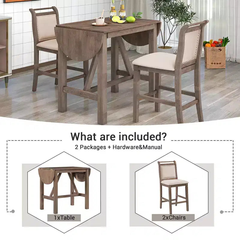 Ensemble de salle à manger 3 pièces ModernLuxe avec table de hauteur comptoir à rallonges en bois et 2 chaises de salle à manger rembourrées 4B