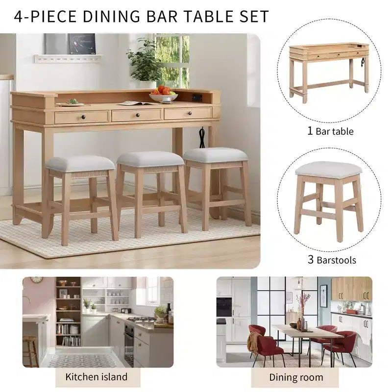 Ensemble table de bar 4 pièces avec 3 tabourets rembourrés, table à manger multifonctionnelle avec 3 tiroirs 4B - ModernLuxe