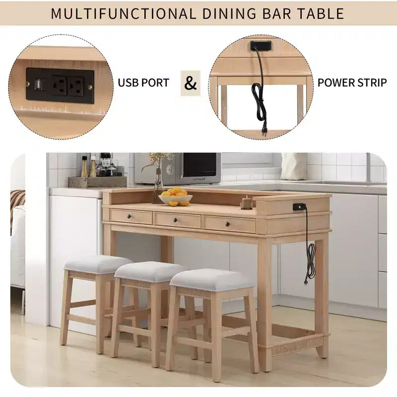 Ensemble table de bar 4 pièces avec 3 tabourets rembourrés, table à manger multifonctionnelle avec 3 tiroirs 4B - ModernLuxe