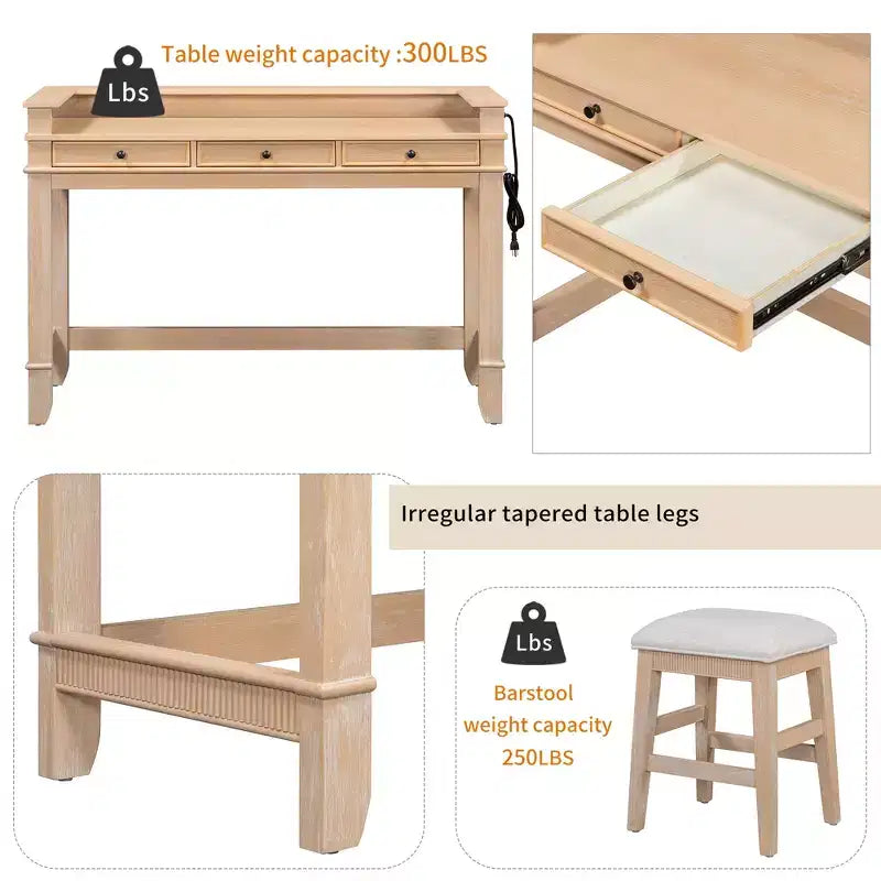Ensemble table de bar 4 pièces avec 3 tabourets rembourrés, table à manger multifonctionnelle avec 3 tiroirs 4B - ModernLuxe