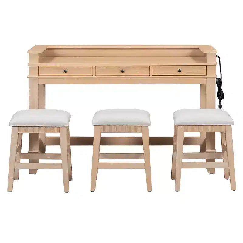 Ensemble table de bar 4 pièces avec 3 tabourets rembourrés, table à manger multifonctionnelle avec 3 tiroirs 4B - ModernLuxe
