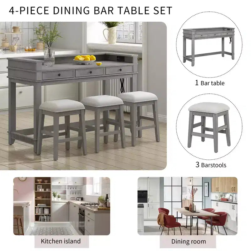 Ensemble table de bar 4 pièces avec 3 tabourets rembourrés, table à manger multifonctionnelle avec 3 tiroirs 4B - ModernLuxe