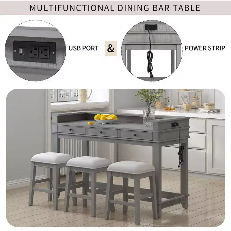 Ensemble table de bar 4 pièces avec 3 tabourets rembourrés, table à manger multifonctionnelle avec 3 tiroirs 4B - ModernLuxe