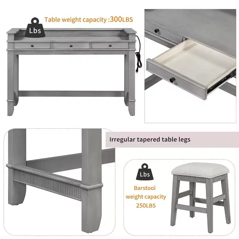 Ensemble table de bar 4 pièces avec 3 tabourets rembourrés, table à manger multifonctionnelle avec 3 tiroirs 4B - ModernLuxe