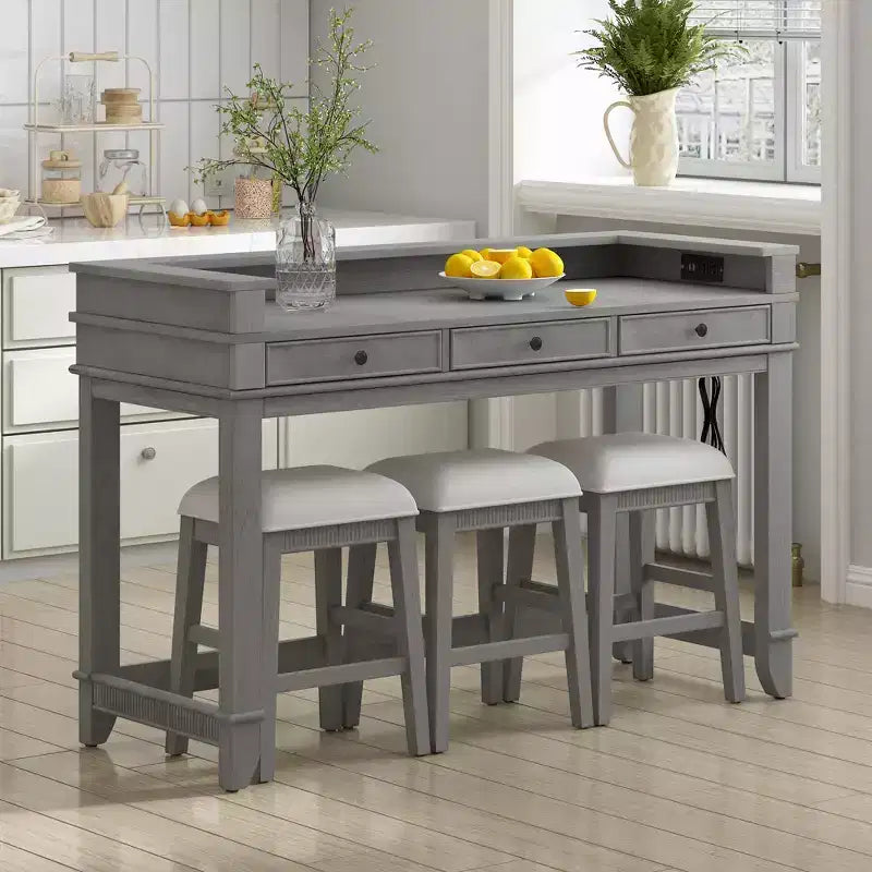 4-Piece Dining Bar Table Set with 3 Upholstered Stools, Multifunctional Dining Table with 3 Drawers 4B - ModernLuxe