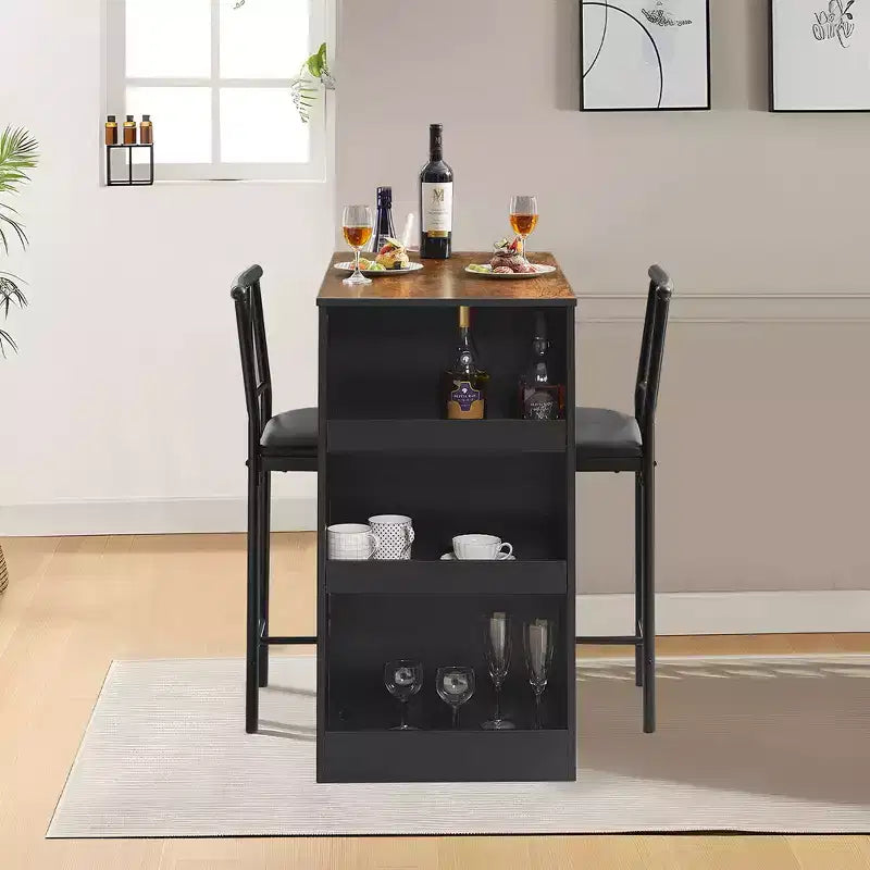 Ensemble de table à manger rétro VECELO avec étagères de rangement hautes, table de bar en bois et 2 tabourets en métal, gain de place