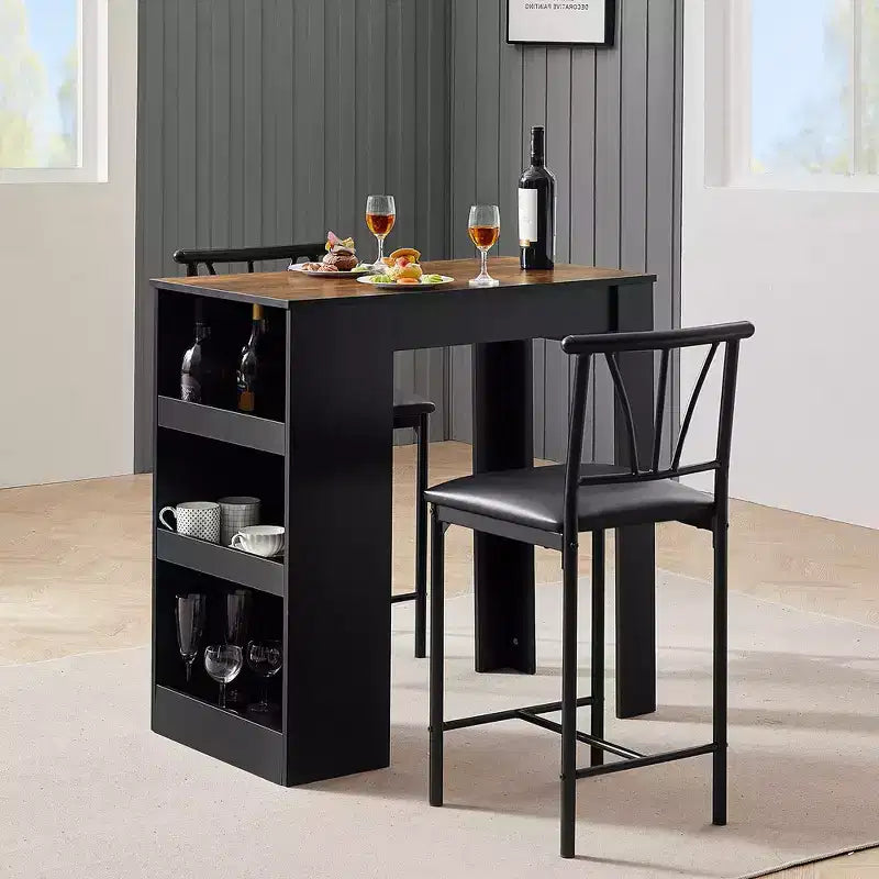 Ensemble de table à manger rétro VECELO avec étagères de rangement hautes, table de bar en bois et 2 tabourets en métal, gain de place