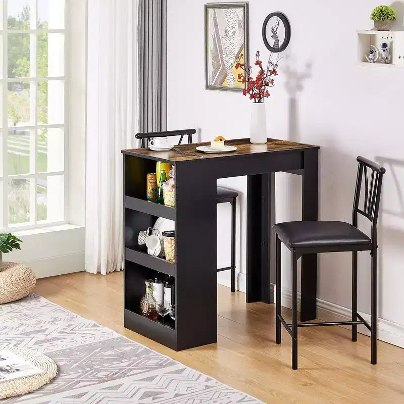 Ensemble de table à manger rétro VECELO avec étagères de rangement hautes, table de bar en bois et 2 tabourets en métal, gain de place