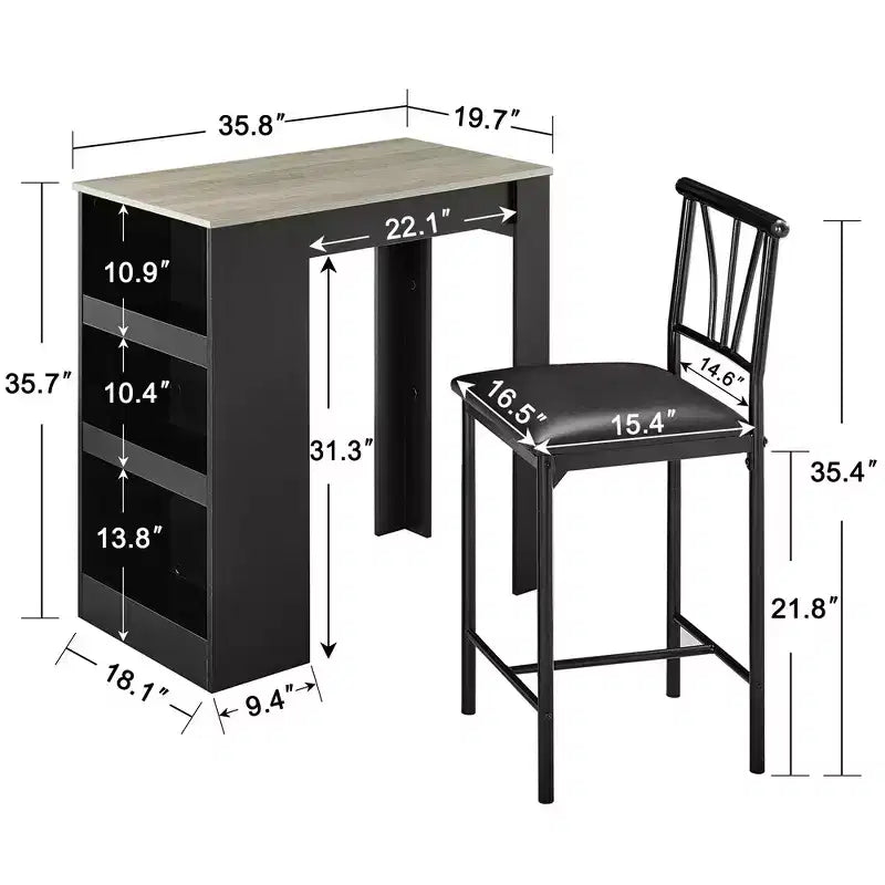 Ensemble de table à manger rétro VECELO avec étagères de rangement hautes, table de bar en bois et 2 tabourets en métal, gain de place