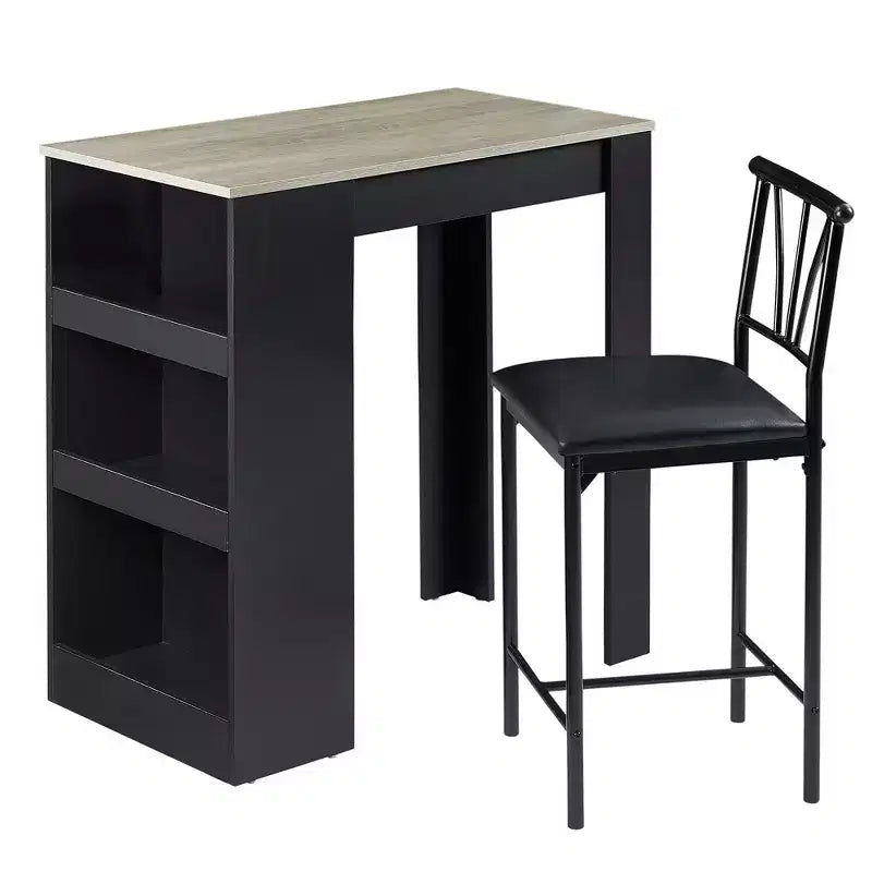 Ensemble de table à manger rétro VECELO avec étagères de rangement hautes, table de bar en bois et 2 tabourets en métal, gain de place