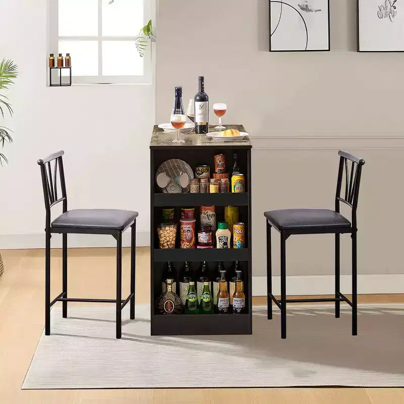 Ensemble de table à manger rétro VECELO avec étagères de rangement hautes, table de bar en bois et 2 tabourets en métal, gain de place
