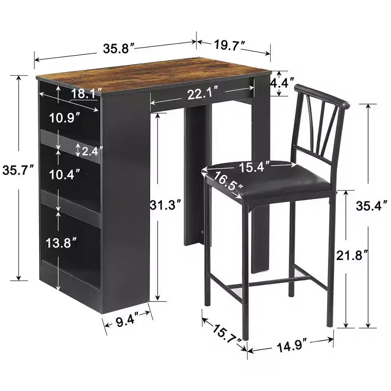 Ensemble de table à manger rétro VECELO avec étagères de rangement hautes, table de bar en bois et 2 tabourets en métal, gain de place
