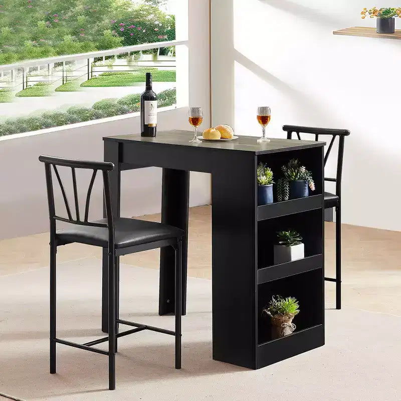 Ensemble de table à manger rétro VECELO avec étagères de rangement hautes, table de bar en bois et 2 tabourets en métal, gain de place
