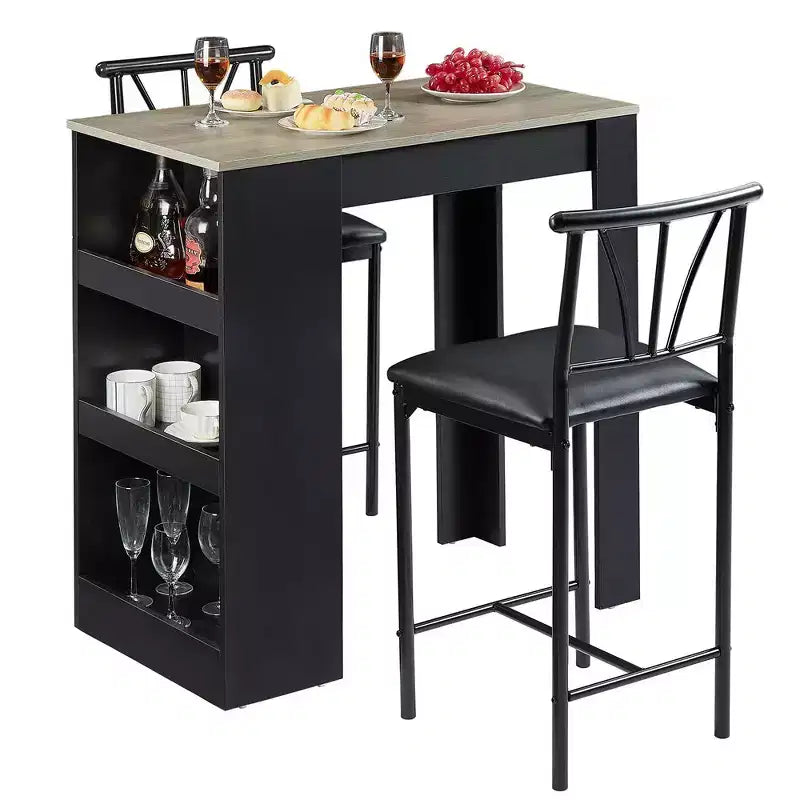 Ensemble de table à manger rétro VECELO avec étagères de rangement hautes, table de bar en bois et 2 tabourets en métal, gain de place