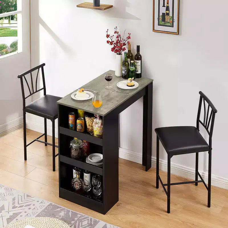 Ensemble de table à manger rétro VECELO avec étagères de rangement hautes, table de bar en bois et 2 tabourets en métal, gain de place