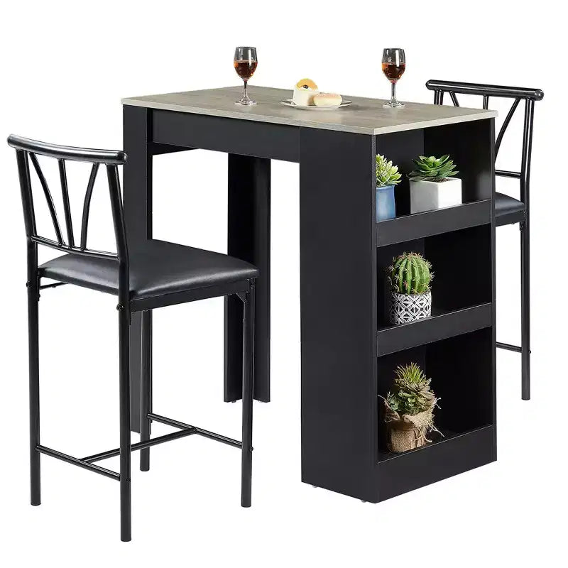 Ensemble de table à manger rétro VECELO avec étagères de rangement hautes, table de bar en bois et 2 tabourets en métal, gain de place