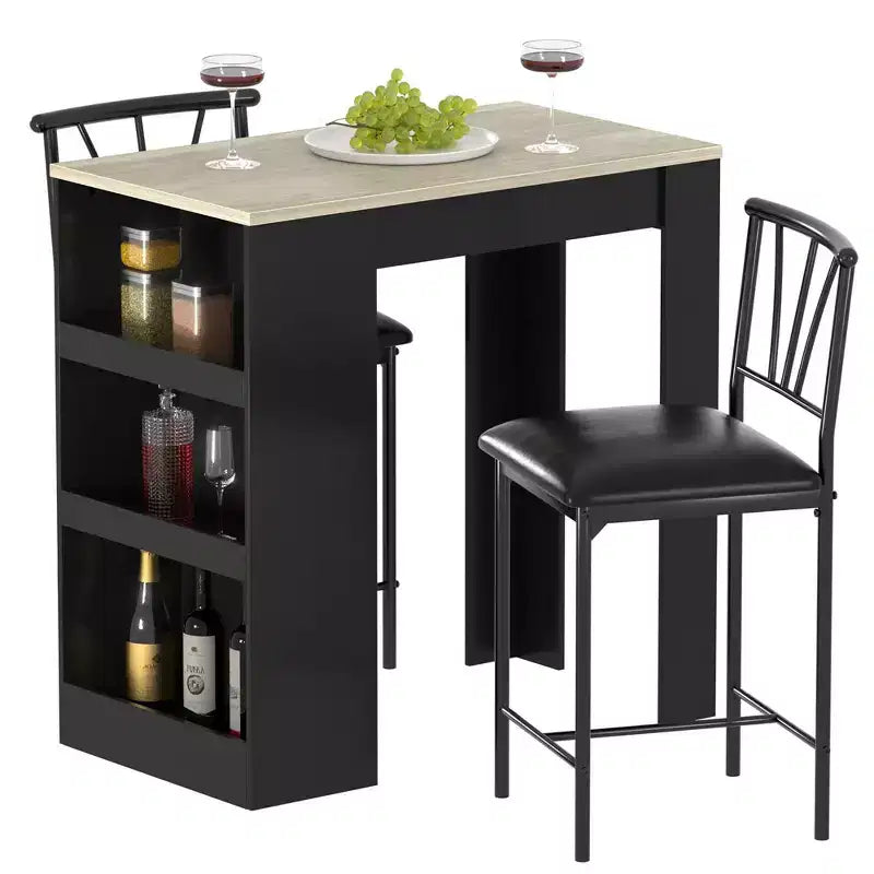 Ensemble de table à manger rétro VECELO avec étagères de rangement hautes, table de bar en bois et 2 tabourets en métal, gain de place