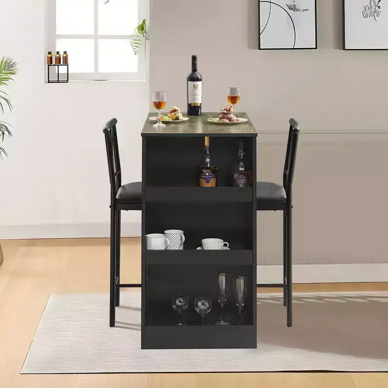 Ensemble de table à manger rétro VECELO avec étagères de rangement hautes, table de bar en bois et 2 tabourets en métal, gain de place