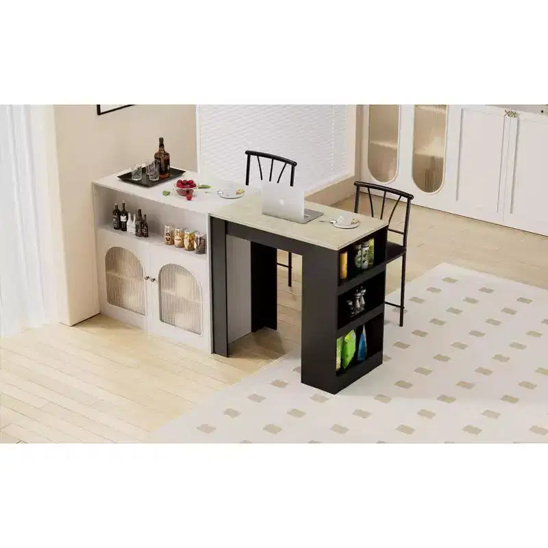 Ensemble de table à manger rétro VECELO avec étagères de rangement hautes, table de bar en bois et 2 tabourets en métal, gain de place