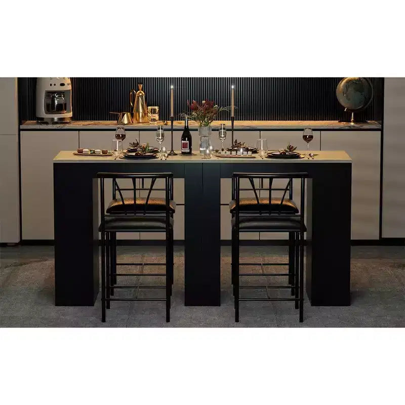 Ensemble de table à manger rétro VECELO avec étagères de rangement hautes, table de bar en bois et 2 tabourets en métal, gain de place