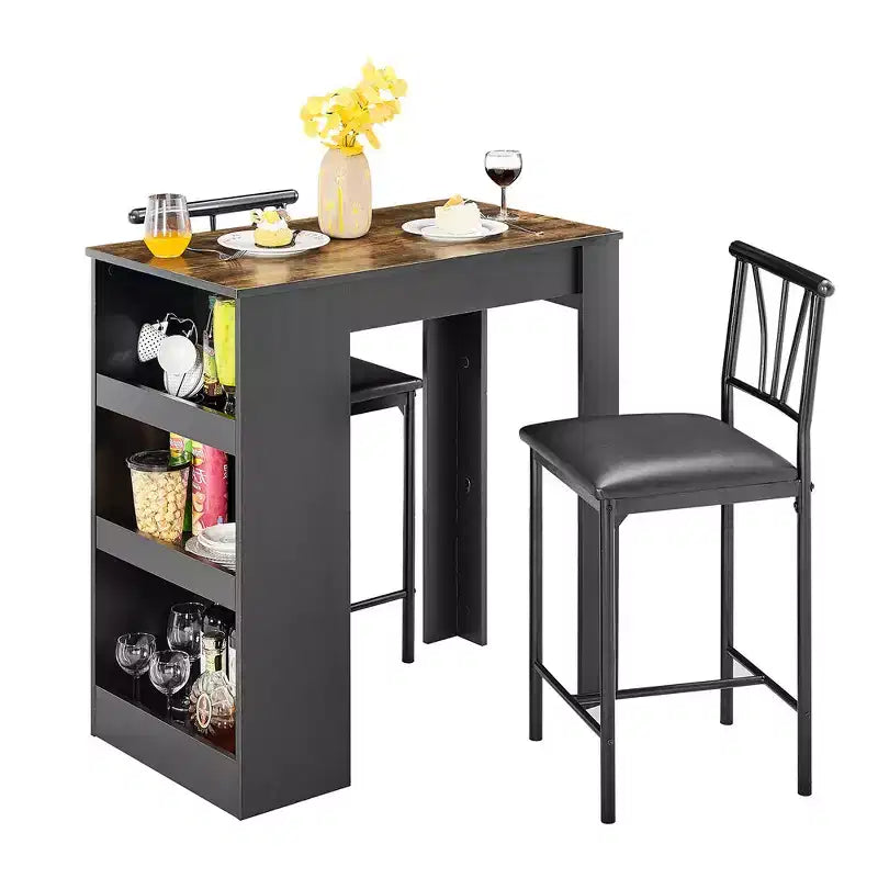 Ensemble de table à manger rétro VECELO avec étagères de rangement hautes, table de bar en bois et 2 tabourets en métal, gain de place