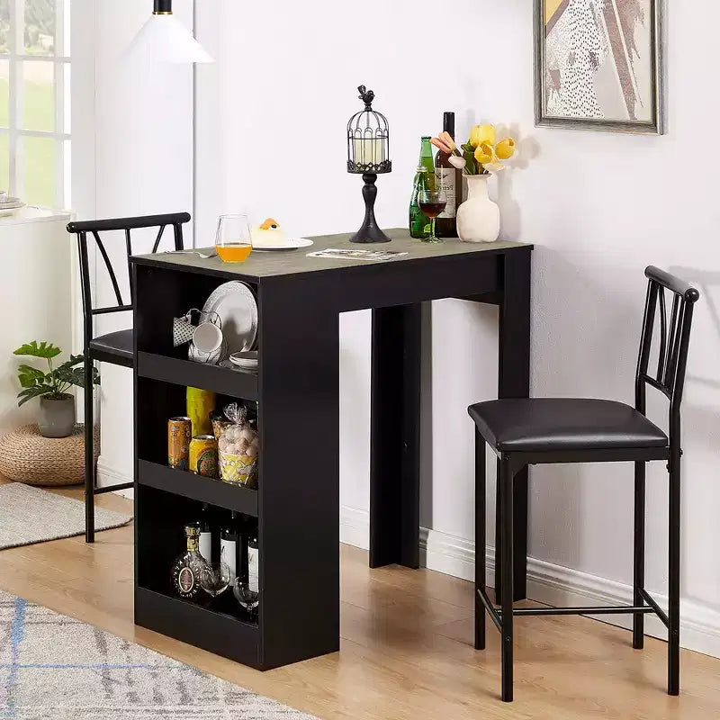 Ensemble de table à manger rétro VECELO avec étagères de rangement hautes, table de bar en bois et 2 tabourets en métal, gain de place