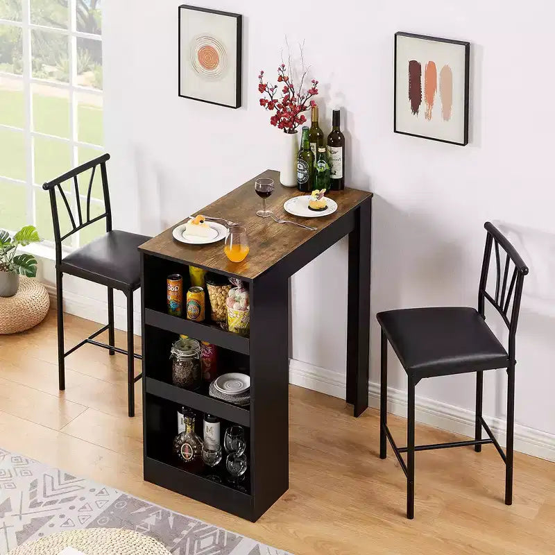 Ensemble de table à manger rétro VECELO avec étagères de rangement hautes, table de bar en bois et 2 tabourets en métal, gain de place