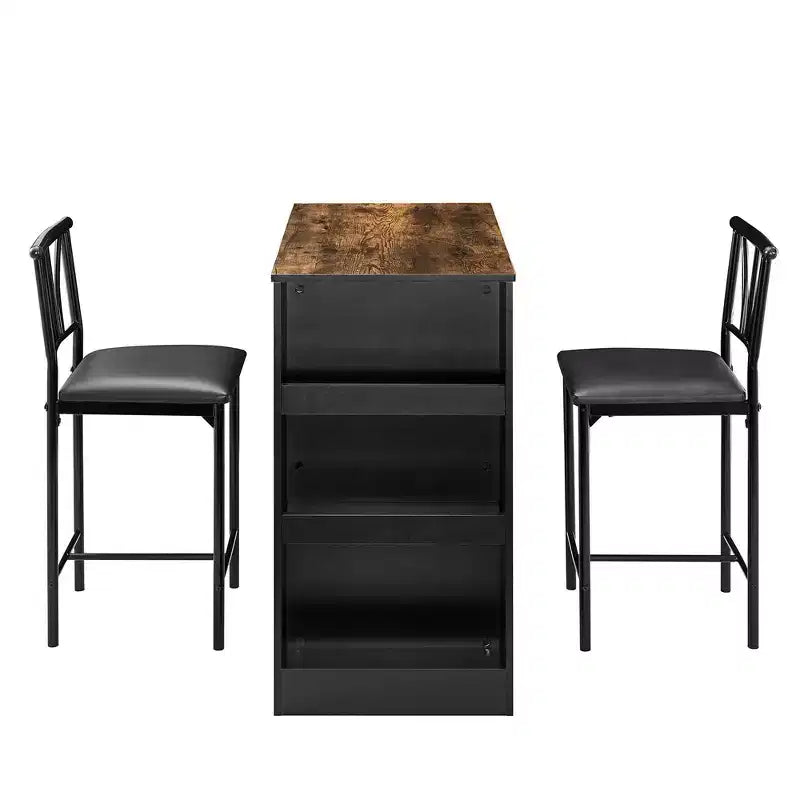 Ensemble de table à manger rétro VECELO avec étagères de rangement hautes, table de bar en bois et 2 tabourets en métal, gain de place