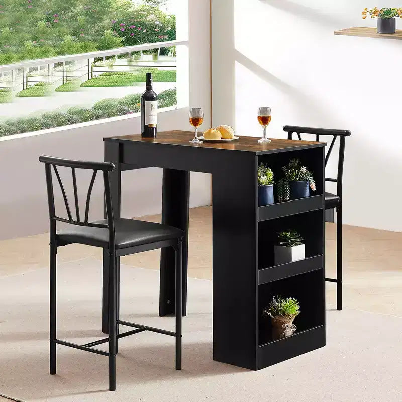 Ensemble de table à manger rétro VECELO avec étagères de rangement hautes, table de bar en bois et 2 tabourets en métal, gain de place
