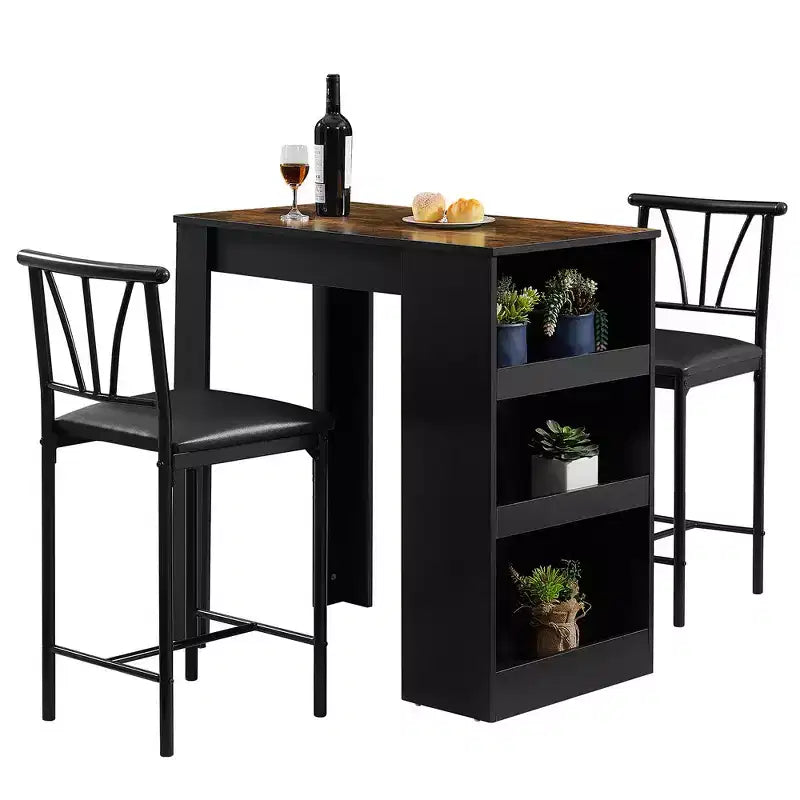 Ensemble de table à manger rétro VECELO avec étagères de rangement hautes, table de bar en bois et 2 tabourets en métal, gain de place