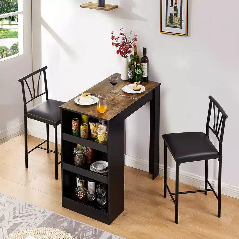 Ensemble de table à manger rétro VECELO avec étagères de rangement hautes, table de bar en bois et 2 tabourets en métal, gain de place