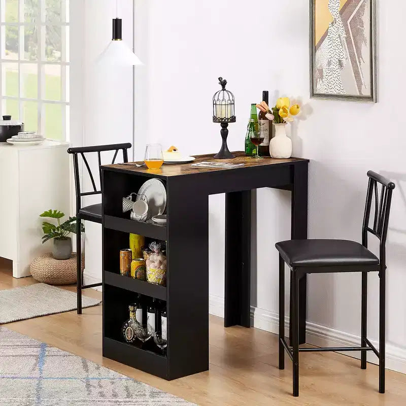 VECELO Retro Dining Table Set Tall Storage Shelves with Wooden Bar Table & Metal Stools Set of 2, Space-Saving