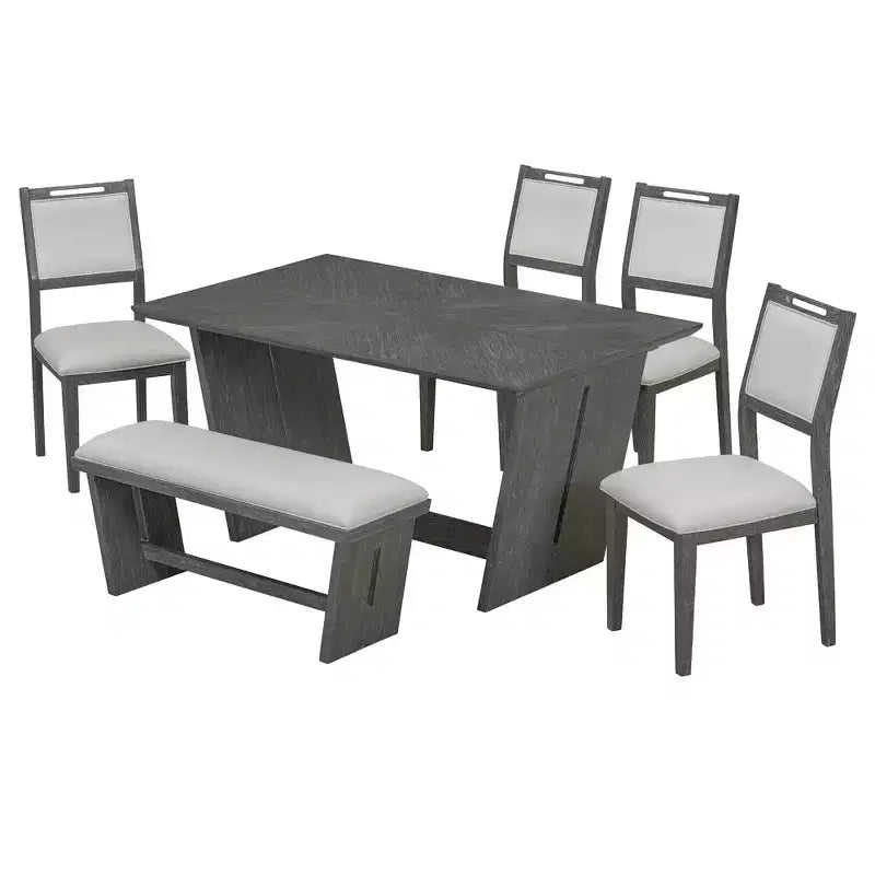 Ensemble de salle à manger rétro 6 pièces, 1 table rectangulaire avec base trapézoïdale stable, 4 chaises rembourrées et 1 banc 4S - ModernLuxe