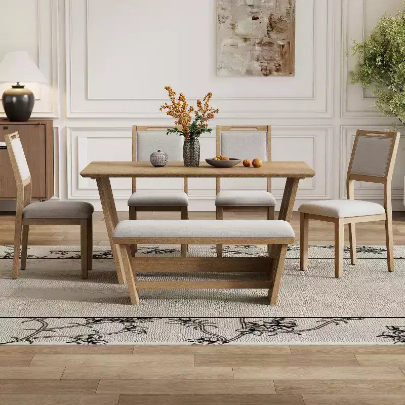 Ensemble de salle à manger rétro 6 pièces, 1 table rectangulaire avec base trapézoïdale stable, 4 chaises rembourrées et 1 banc 4S - ModernLuxe