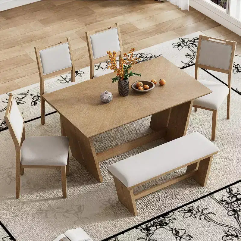 Ensemble de salle à manger rétro 6 pièces, 1 table rectangulaire avec base trapézoïdale stable, 4 chaises rembourrées et 1 banc 4S - ModernLuxe