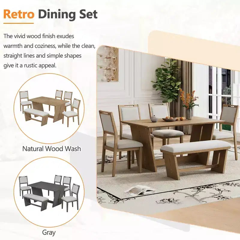 Ensemble de salle à manger rétro 6 pièces, 1 table rectangulaire avec base trapézoïdale stable, 4 chaises rembourrées et 1 banc 4S - ModernLuxe